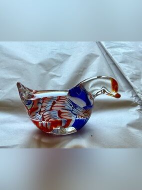 Vintage Handmade Murano Glass Bird Sculpture/Paperweight with Red and Blue